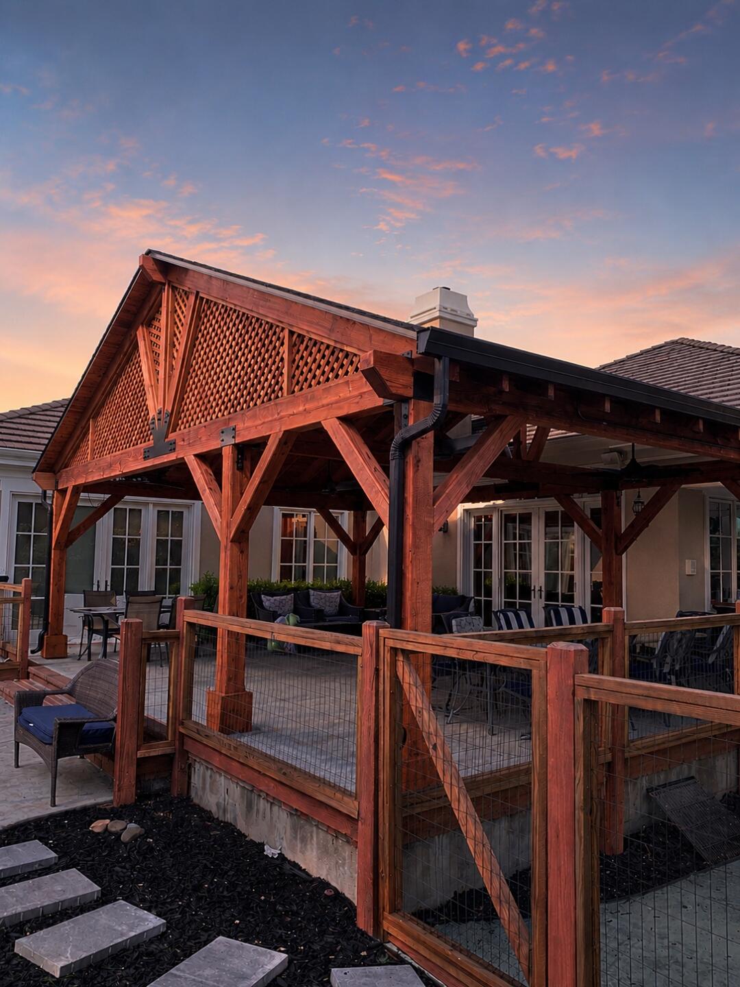 Covered pergola pavilion with outdoor living area - Cut Once Construction