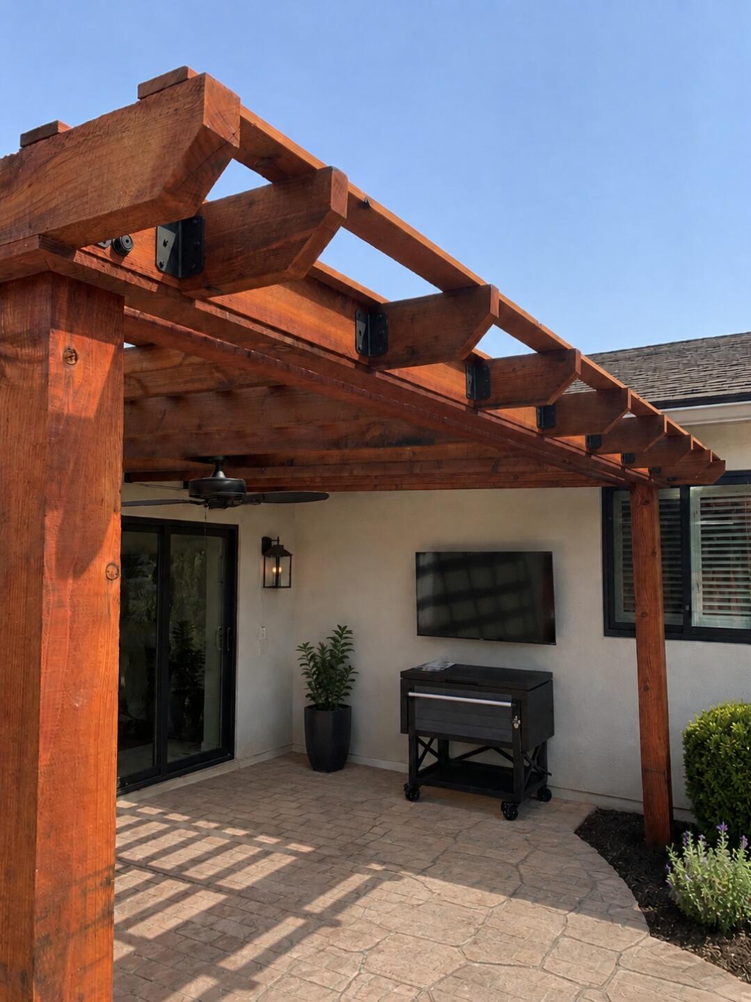 Attached redwood patio cover - Cut Once Construction