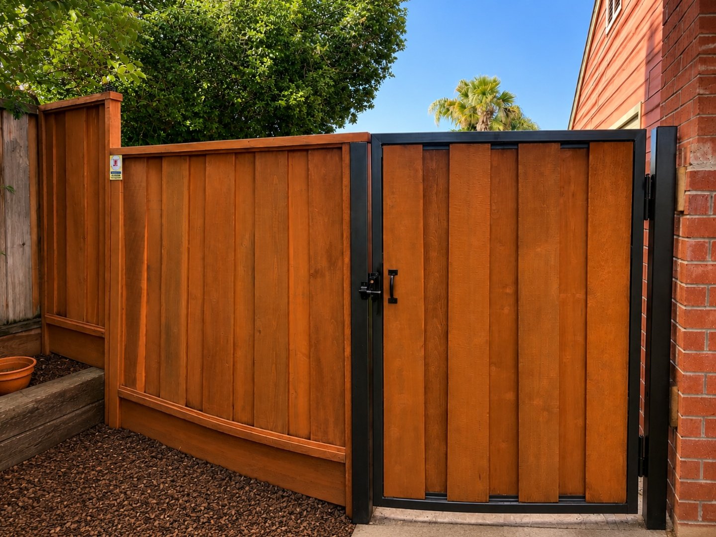Steel-framed wood gate installed by Cut Once Construction in Livermore CA — Tri-Valley gate contractor