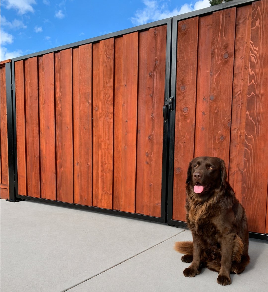 Steel-framed wood gate fabricated in-house by Cut Once Construction
