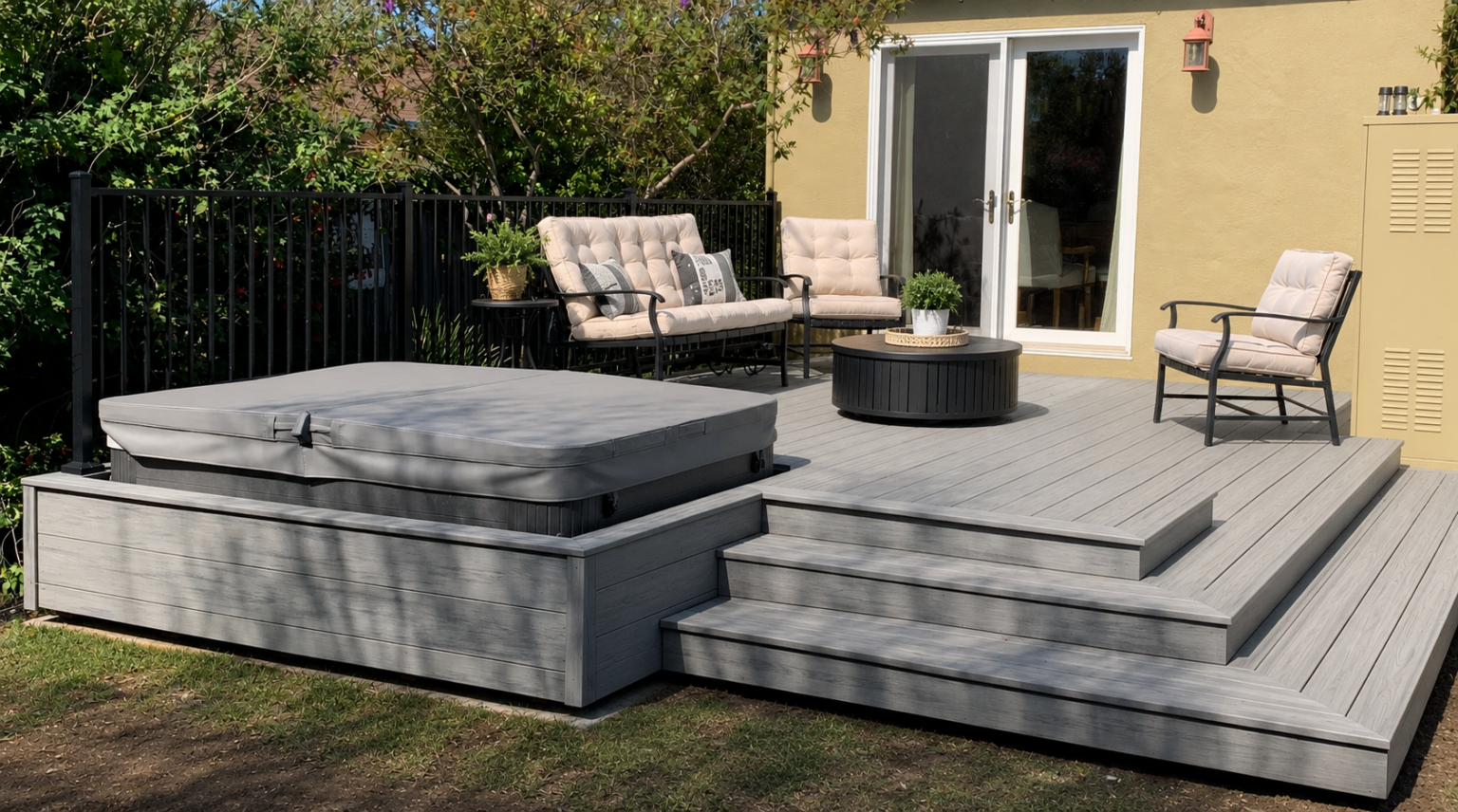 Gray composite deck with hot tub platform, steps, seating area, and black railing.