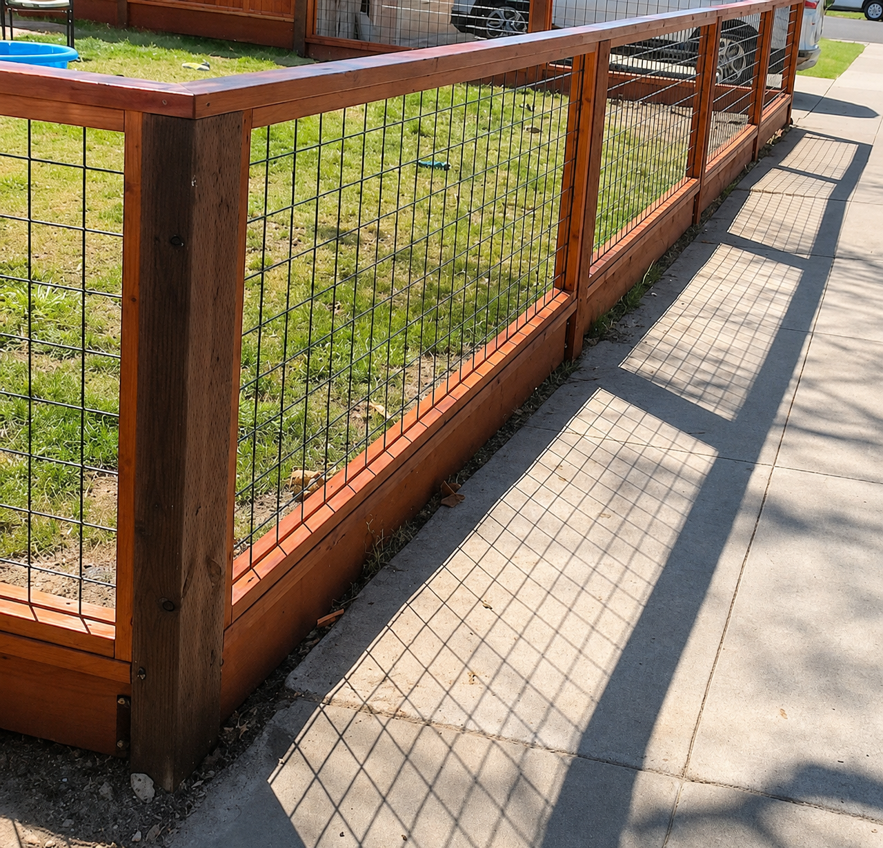 Redwood hog wire front yard fence with framed panels along a residential sidewalk.